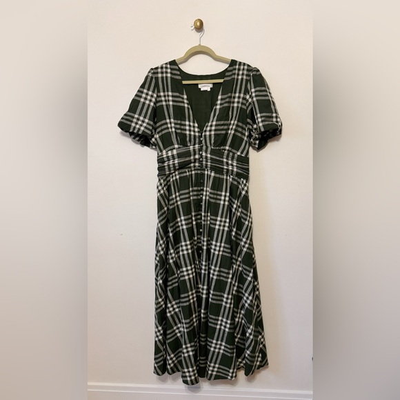 By Anthropologie Katerina Button Front Puff Sleeve Green Plaid Maxi Dress size L - Picture 6 of 9